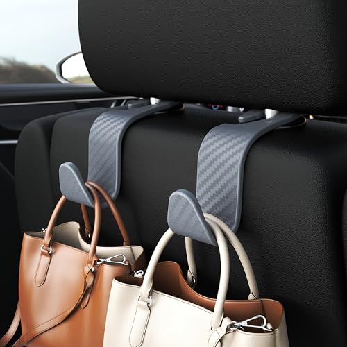 Image of 4-Pack Car Headrest Hooks Holds 55lbs Seat Storage Organizer for Bags | Durable ABS Material, 360 Rotating, Car Hanger for Backpack Umbrella Water Bottle Coat Handbags Groceries, Checkered Grey