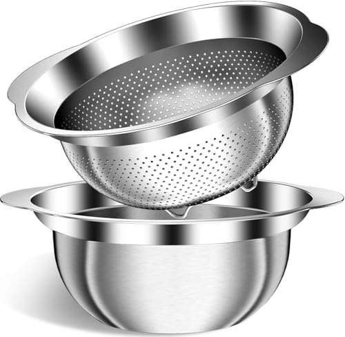 Image of Stainless Steel Strainer with Mixing Bowl, Rice Washer, Colander for Kitchen, Rice Strainer, Fruit and Vegetable Wash, Microporous Colander, Fruit Cleaner Bowl, Dishwasher Safe