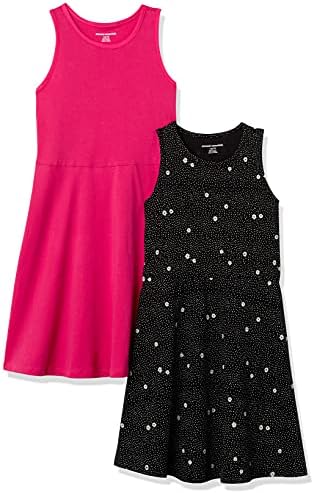 Amazon Essentials Girls' Knit Sleeveless Tank Play Dress, Pack of 2, Raspberry Red, Floral, Medium