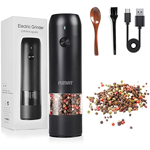 FUMAT Molinillo de Sal y Pimienta Eléctrico, Molinillo Pimienta Electrico Recargable USB, con Fuerte Amoladora de cerámica Ajustable, Funcionamiento con una sola mano (Negro) Cover