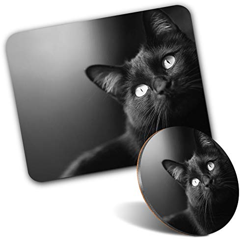 Rectangle Mouse Mat & Round Coaster Set - BW - Black Cat Kitten 20 cm & 9 cm for Computer & Laptop, Office, Gift, Non-slip Base #38549