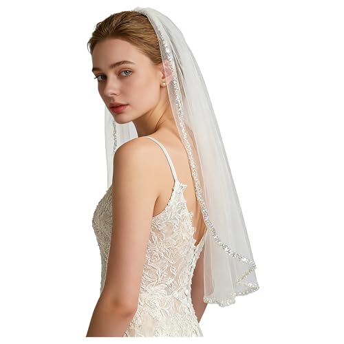 Chewtoyo Velo de novia con borde de cuentas, velo de novia blanco roto de 33.5 pulgadas, velo de poliéster de una sola capa, accesorio clásico de novia