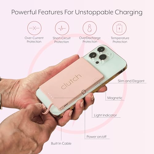 Clutch Pro - Portable iPhone Charger for Travel – 5000mAH TSA Approved Magnetic Airplane Safe Portable Charger only Compatible for iPhone 14 & Older Devices with Built-in Lightning Cable -3.7 oz- Pink - Image 3
