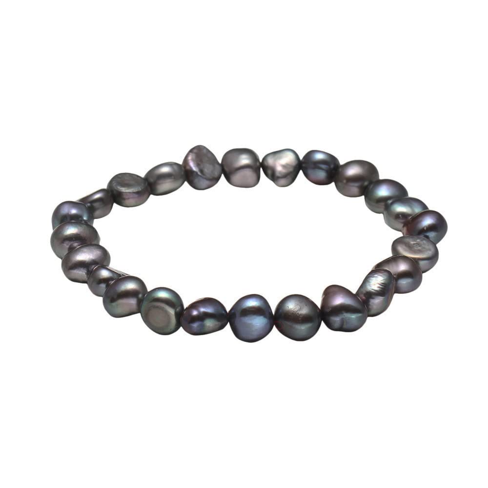 Bracelet de perles d'eau douce baroques naturelles de 7-8 mm fait à la main pour femme | Bracelet perles élastiques - Couleur : Blanc Rose Vert Gris Multicolore Noir