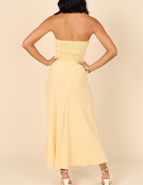 Image of Women Strapless Twist Front Midi Linen Cutout Wedding Guest Dress | Sexy,Sweetheart Neckline,Tube,Long,2026 Summer,Vacation,Formal,Cocktail,Bridesmaid,Party,Baby Shower,Beach,Elegant,Evening