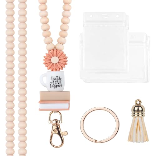 Idefair Badges Teacher Lanyard with ID Holder, Cute Wood Beaded Lanyard for Keys, Women's Fashion Keychain