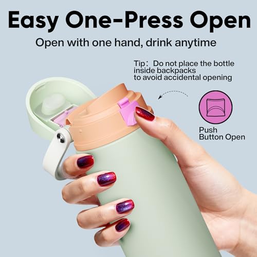 Image of Insulated Water Bottle with Straw - Encool Stainless Steel Water Bottle with Push Button Lid, Leak-Proof & BPA-Free, Keeps Cold for 24 Hours for Sports, Travel, Gym (24 oz, Geyser Green)