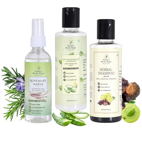 Image of Nature's Herbs Herbal Shampoo Conditioner & Rosemary Water Combo | Amla Reetha Shikakai Hair Fall Control Shampoo with Aloe Vera Conditioner & Rosemary Hair Spray for Hair Growth Scalp Care | Men Women | 200 ml + 200 ml + 100 ml