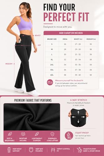 Image of Women's High Waist Bootcut Yoga Pants with Pockets | Flared Leggings for Women | Stretchable Gym Workout Pants | Tummy Control Activewear | Lounge & Travel Wear