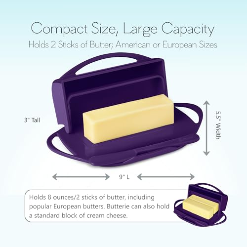 Image of Butterie Flip Top Butter Dish, Purple | Attached Lid & Matching Knife, Holds 2 Sticks, Fits Kerrygold /European Butter, BPA Free & Dishwasher Safe