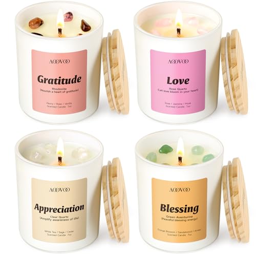 AOOVOO Healing Candles Set for Women - 4 Pack Candles for Home Scented Aromatherapy Candle with Crystals Gratitude Rhodonite/Appreciation Clear Quartz/Blessing Aventurine/Love Rose Quartz