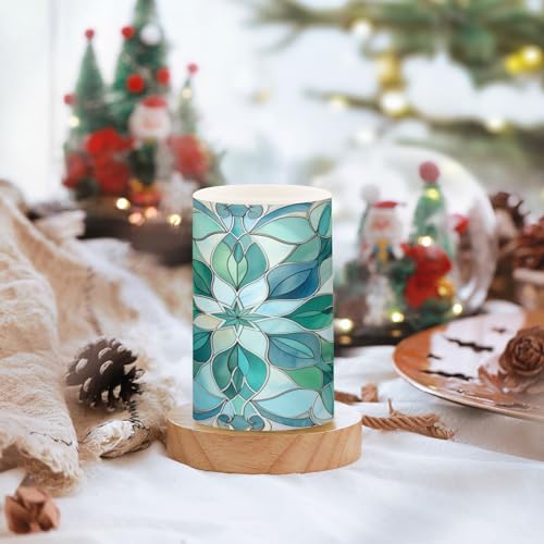 Image of Lights Flameless Candles Turquoise Flower Pattern Pillar Candles Set of 2 Battery Operated Remote Control Warm Lights Home Decor