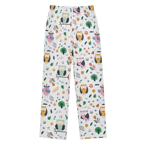 Cartoon Owl Floral Boys Long Pants Soft Trousers Elastic Waist Kids Lounge Bottoms with Pockets S-XL