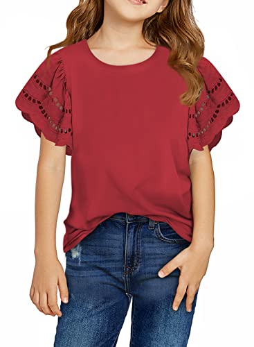 Image of blibean Girls Summer Short Sleeve Shirts Cotton Tops Size 4-15 Years Old | Kids Fashion Causal Solid Color Tee, Cute Ruffle Crewneck Basic Blouse, Flowy Clothes for Tween Teen Girl, Soft Breathable