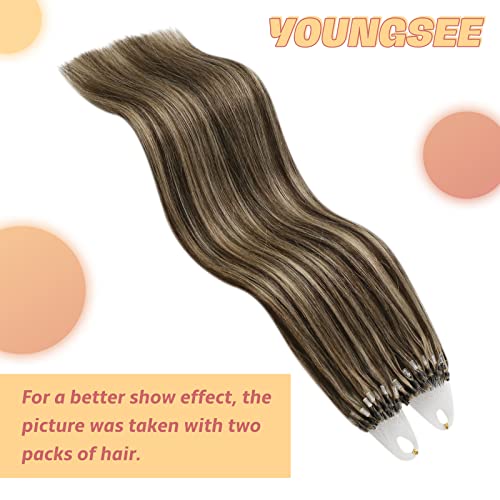 YoungSee Micro Ring Hair Extensions Brown 24inch,Long Straight Human Hair Extensions Micro Loop,Dark Brown with Blonde Highlight,for All-Day Wear,Cold Fusion,50s 50g Add Length - Image 2