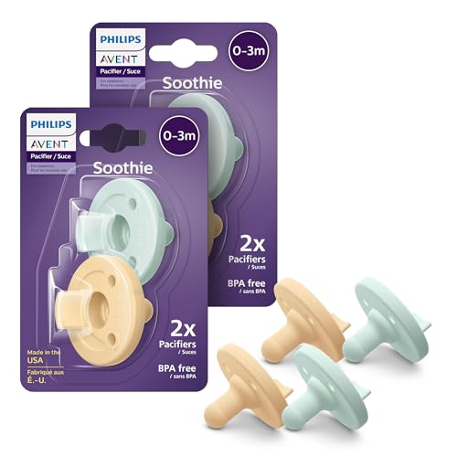 Philips Avent Soothie Orthodontic Baby Pacifiers, 100% Silicone Pacifiers, One Piece, BPA-Free, for Babies 0-3 Months, 2 Green and 2 Yellow, 4 Pack, Model SCF190/71