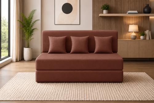 Image of Sofa Cum Bed with Jute Fabric, Convertible Three Seater Sofa Bed 5x6 Ft, Comfortable Cushioned Seating, Space Saving Design for Living Room, Bedroom & Guest Room - Brown Color