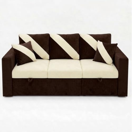 Image of FURNY Trivia 4 Seater RHS Lounger Sofa Cum Bed (Dark Brown - Cream) with Pull-Out Function | Luxury Velvet Suede Finish | Durable Comfort | Ideal for Living Room