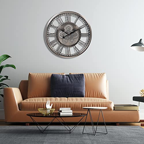 Clxeast Original Real Moving Gear Wall Clock Modern,Industrial Steampunk Big Wall Clock For Farmhouse Living Room Decor, Roman Numerals,Brushed Gunmetal (28 Inch) #TOP5