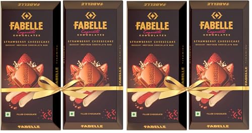 Image of Fabelle Strawberry Cheesecake - Chocolate Pack of 4, Large Luxury Chocolate Bars Centre-Filled Milk Chocolate Bar with Strawberry and Cheese Mousse, Premium Packaged Chocolate Box, 2 x 131g