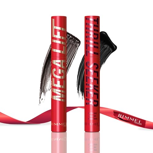 Image of Rimmel Thrill Seeker Extreme Mascara, 001 Black+ Thrill Seeker Mega Lift Mascara, 002 Black Brown, Ultra Volumising, Lash Lift with up to 24 Hour Wear, Smudge Proof, Transfer Proof and Flake Free