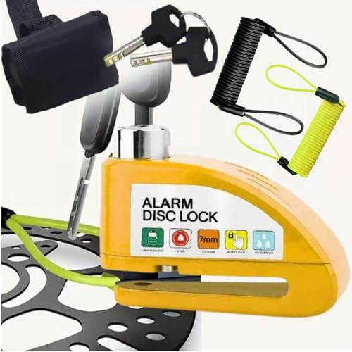 Candado de Disco para Moto con Alarma 110 dB, Antirrobo para Freno (≤7 mm), Bloqueo Seguridad Alta Resistencia, Incluye 2u Cable Recordatorio 1,2 m y Cartuchera, para Moto, Scooter, Bici (Amarillo)