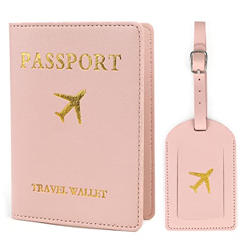Kit d'Étiquette Bagage et Couverture de Passeport en PU Cuir- 1 Étiquette Valise et 1 Étuis de Passeport de Style Minimaliste Protéger Passport et Prévenir Perte en Voyage d'avion Train Bus (Rosé) Cover