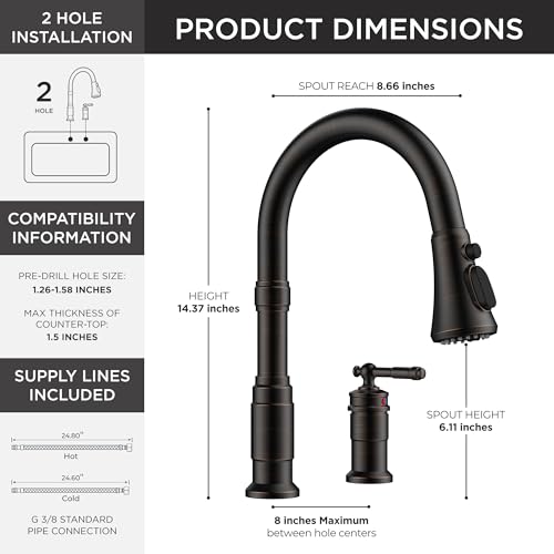 FORIOUS 2 Hole Kitchen Faucet with Pull Down Sprayer, Stainless Steel Vintage Kitchen Sink Faucet 3 Spray Modes with Single Seperate Handle, Suitable for Farmhouse Outdoor Rv Bar, Oil Rubbed Bronze by FORIOUS - Used condition - Image 3