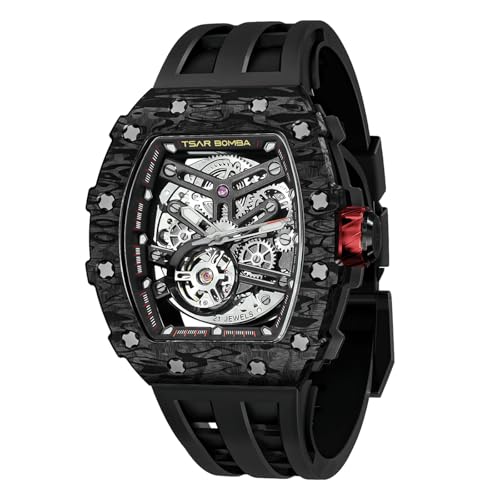 Image of TSAR BOMBA Men's Automatic Watch Tonneau Luxury Skeleton Watches for Men Mechanical 50M Waterproof Analogue Watches Mens Unique Cool Square Big Face Dial Wristwatch with Silicone Strap Band