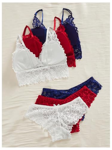 Image of Verdusa Women's Lingerie Sets 6 Piece Lace Bow Floral Underwear Bras Wireless Padded Bra and Panty Set