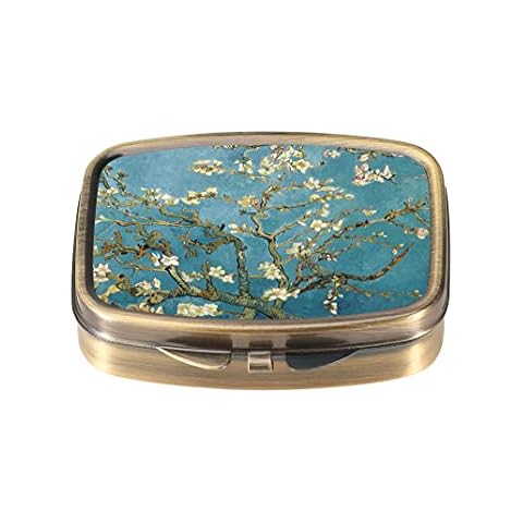 Dynippy Pill Case Pill Box with Mirror Retro Pocket 2 Compartment Medicine Case Vitamin Pill Organizer for Pocket Purse and Travel (A-Plum Blossom) Cover