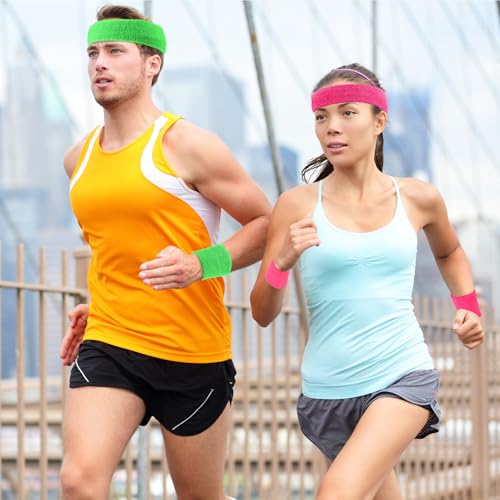 Image of Civaner 12 Pcs 80 90s Neon Sweatbands Soccer Baseball Headbands Wristband Set for Men Women Party Cotton Headbands Terry Cloth Athletic Sweat Bands for Tennis Football Gym Outdoor