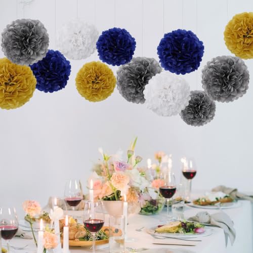 Image of BestoFun 16 PCS Pompoms Paper Flowers Decorations Navy Blue White Gold Party Decoration Navy Blue White Silver Party Decorations Graduation Baby Shower Gender Reveal Decorations Lasting Surprise