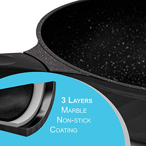 Wok with lid Non Stick - Kitchen, Home Essentials - for Sauteing, Roasting, Broiling – Large 30cm Stainless-Steel Base Skillet - Induction Pan German GREBLON Non-Stick Coating ( Black) 4 Gallery Image