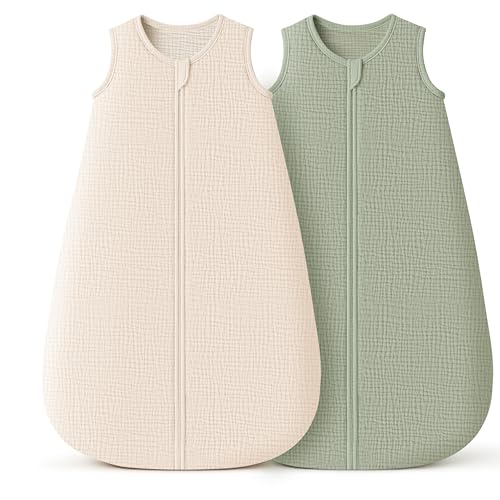 Image of Konssy Muslin Baby Sleep Sack 0-6 Months 0.8 TOG, 2 Pack 100% Cotton Wearable Blanket for Babies, 2-Way Zipper Breathable Sleeping Sack Infant Toddler Essentials for Girls and Boys (Cream, Fog Green)