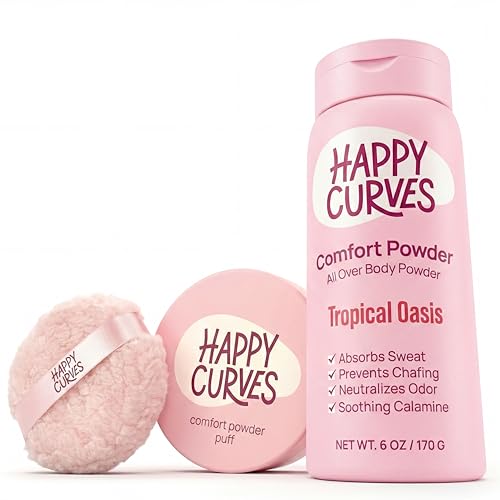 Happy Curves Comfort Powder & Puff Bundle Talc Free Dusting Body Powder Deodorant + Powder Puff Applicator for Boob Sweat Inner Thigh Chafing Foot Odor & Odor Control 6oz Tropical Oasis