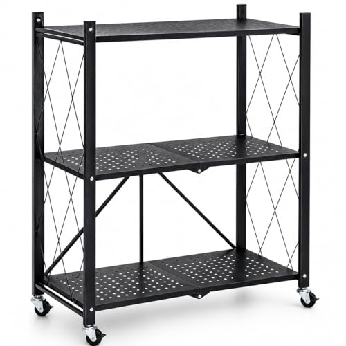 Estantería Plegable de Metal con Ruedas | Mueble Organizador con 3 estantes Resistentes y Estructura Reforzada | Diseño portátil, fácil de Montar y versátil para Cocina, Oficina, Garaje o Dormitorio