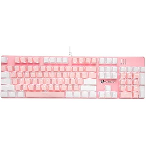 Qisan Mechanical Gaming Keyboard Wired White Backlit Keyboard Blue Switches Full Size 104 Keys US Layout-White and Pink Cover
