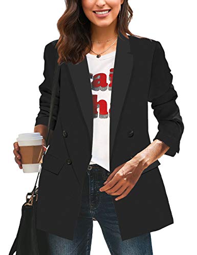 Vetinee Women's Black Casual Long Sleeve Blazer Suit Lapel Pockets Buttons Double Breasted Work Office Jacket Size Medium