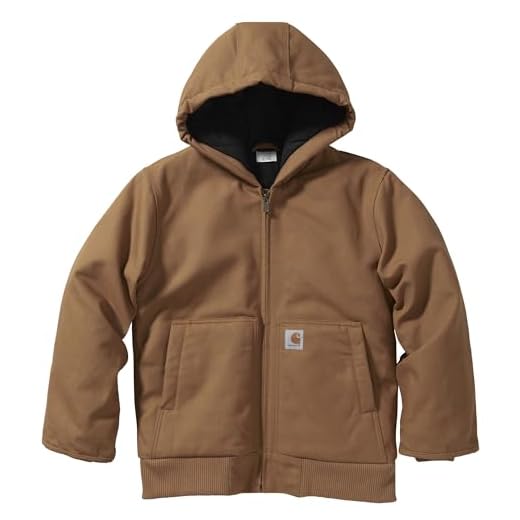 Carhartt Boys' Flannel-Lined Hooded Canvas Insulated Zip-Up Jacket, Brown, 7-8 Years