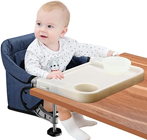 Hook On High Chair with Removable Dining Tray,Folding Portable Clip on Table High Chair,Baby Chair with Storage Bag for Indoor/Outdoor (Dark Blue)