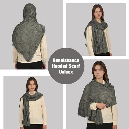 NFAOEGJ Mittelalter Wrap Umhang, Schultertuch Langes Tuch mit Brosche Leintuch, Halloween Vintage Goth Kapuzenumhang (Dunkelgrau)