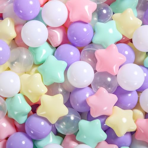 Image of Heopeis Ball Pit Balls Pack of 100 200 500 - Star and Round Set BPA Free Phthalate Free Non-Toxic Crush Proof Play Balls Soft Plastic Balls for Toddlers Baby Kids Birthday Pool Tent Party