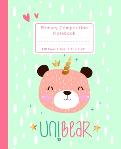 Cute Kawaii UniBear Primary Composition Notebook: Unicorn Bear Primary Journal for Grades K-2 with Dotted Midline and Picture Space