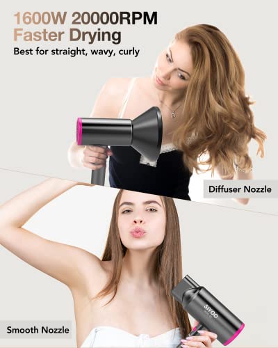 Siyoo Hair Dryer With Diffuser, 1600W Ionic Blow Dryer, Constant Temperature Hair Care Without Hair Damage, Lightweight Portable Travel Hairdryer, Grey Pink #TOP3