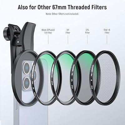 NEEWER 67mm Variable ND Filter Compatible with iPhone, Clip On ND2-32 Neutral Density Phone Lens Photography Accessories Kit Compatible with iPhone 17 16 15 Pro Max Plus 16e 14 13 mini, FL-B25