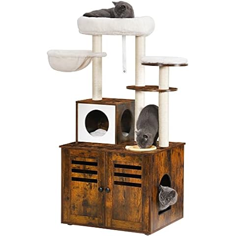Heybly Cat Tree, Wood Litter Box Enclosure with Food Station, All-in-one Indoor Cat Furniture with Large Platform and Condo, Modern Style Cat Tower, Hammock, Rustic Brown HCT100SR Cover