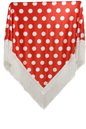 MUNDDY® - Manton Con Lunares Para Adulto. Mantones Flamenco Sevillana.Mantón Para Fiesta De Color Rojo Negro Rosa Blanco Azul. Envio Desde Madrid Con Seguimiento. (Rojo-Blanco(Lunar Grande))