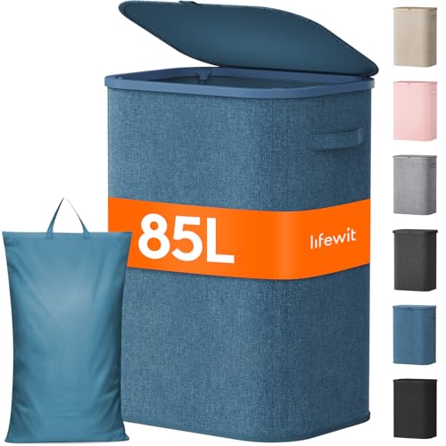 Image of Lifewit 85L Large Laundry Basket with Lid, Laundry Hamper with Plastic Handles and Removable Bag, Foldable Tall Dirty Clothes Hampers for Laundry for Laundry Room, Bedroom, Bathroom, Dorm, Dark Blue