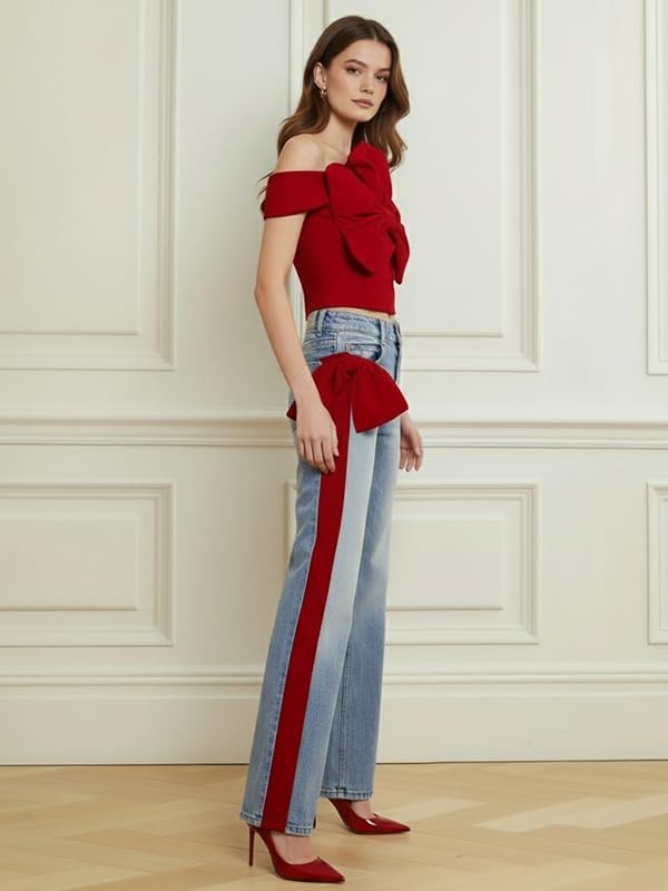 Oshoplive Womens High Waisted Straight Leg Jeans Denim Pants with Side Stripe Vintage Bow Design Stretchy Jean